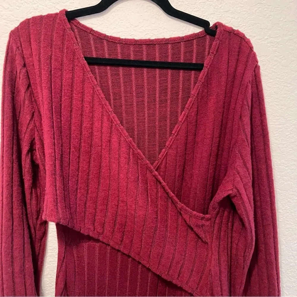 *30off3* Plus Size‎ Women's Solid Ribbed Long Sleeve Surplice Neck Casual Dress
